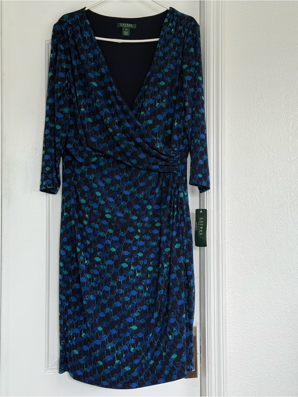 Lauren Ralph Lauren Navy & Teal Floral-Print Faux-Wrap Midi Dress